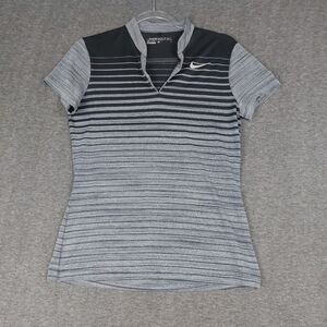 NIKE GOLF WOMENS DRI-FIT GRAY BLACK STRIPE SHORT SLEEVE VNECK SHIRT SIZE SMALL
